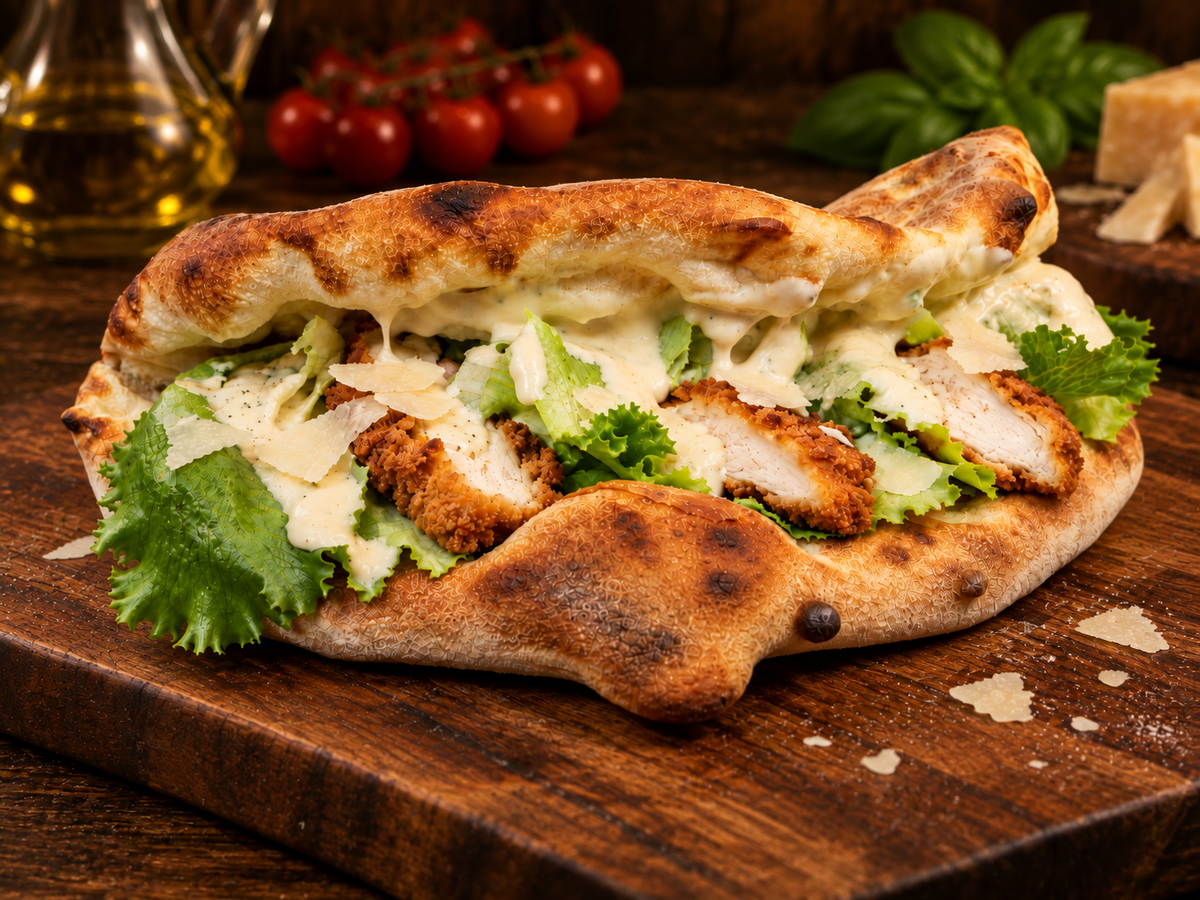 Pollo Caesar Panuozzo with crispy breaded chicken, Fontina, salad, Caesar dressing and Parmesan